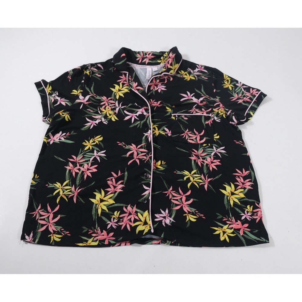 Joyspun Pajama Top Womens L Black Floral Button Up Short Sleeve Pocket Sleepwear